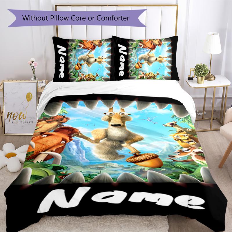 3pcs Custom Name Cartoon Ice Age Dawn of the Dinosaurs Bedding Set Duvet Cover Closure Includes 1 Duvet Cover & 2 Pillowcases for All Seasons Bedroom