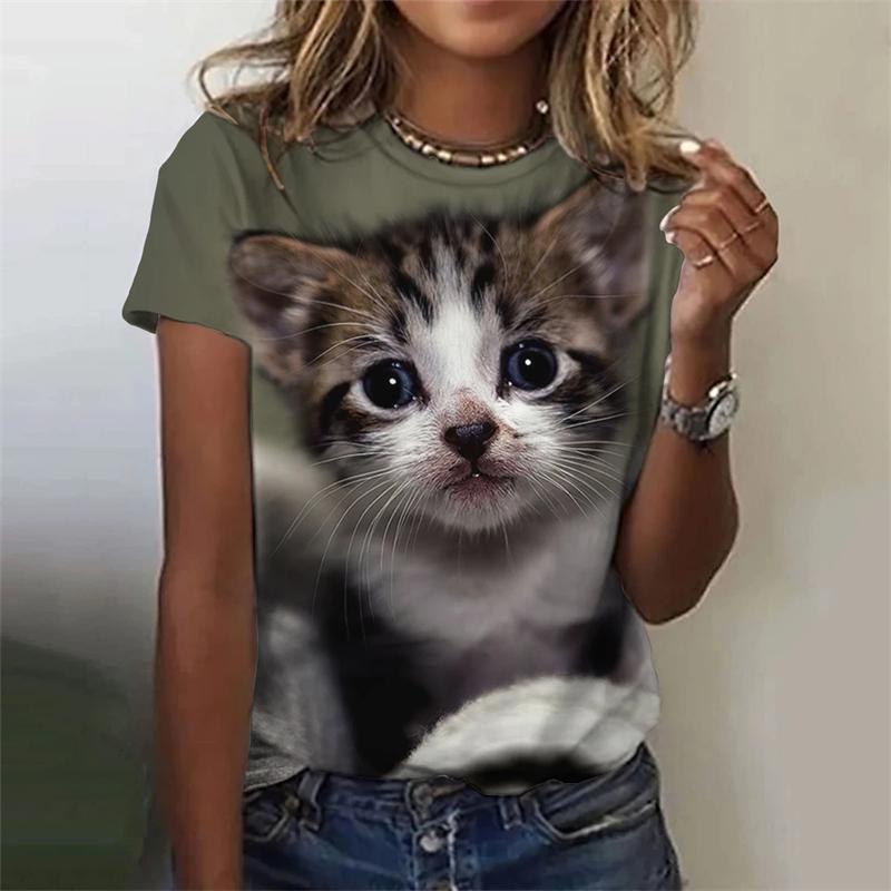 Женские футболки с забавным принтом 3D Kawaii Cat Футболки с модным круглым вырезом и коротким рукавом Топы свободного покроя Женская одежда Y2k Милая одежда