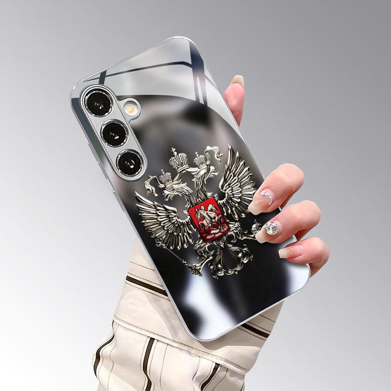 Серебряный Орел Узор Тени 2D Чехол для Телефона для Samsung S26 S25 S24 S23 S22 S21 S20 A56 A36 A16 - Электрооplated Стеклянный Защитный