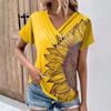 Женская модная футболка с принтом подсолнечника, плиссированный топ на пуговицах с v-образным вырезом и короткими рукавами