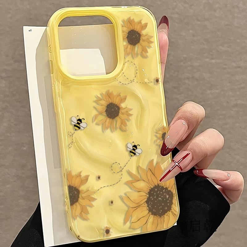 Чехол для телефона с рисунком «Подсолнух и пчела» для Iphone 17 Air 16 16e 15plus 14 13 12 11 Pro Max Простая фактурная обложка с морщинками