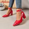 Fashion Aphixta Crystals Buckle Pimp Strap Patent Leather 7cm Chunky Heels Official Pumps 2cm Belt Buckle Pointed Toe Women Shoes