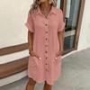 Women'S Fashion Summer Minimalist V-Neck Button Up Dress Woman Cotton Linen White Short Sleeved Pocket Casual Loose Shirt Dress