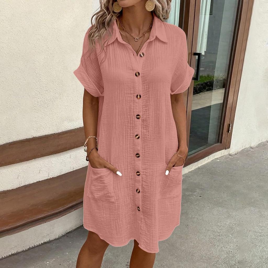 Women'S Fashion Summer Minimalist V-Neck Button Up Dress Woman Cotton Linen White Short Sleeved Pocket Casual Loose Shirt Dress