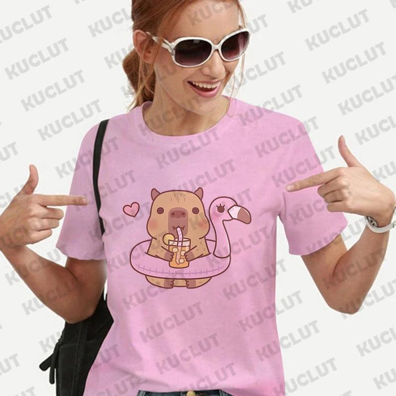 Cute Capybara Anime Women's T-shirt Casual Ulzzang Short Sleeve Tees Cartoon Graphic Y2K Tops Female Blouse Aesthetic Clothing