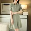 2025 Women's Summer Polo Collar Slimming Mid-Length Color Block Dress with Big Swing Cotton Skirt