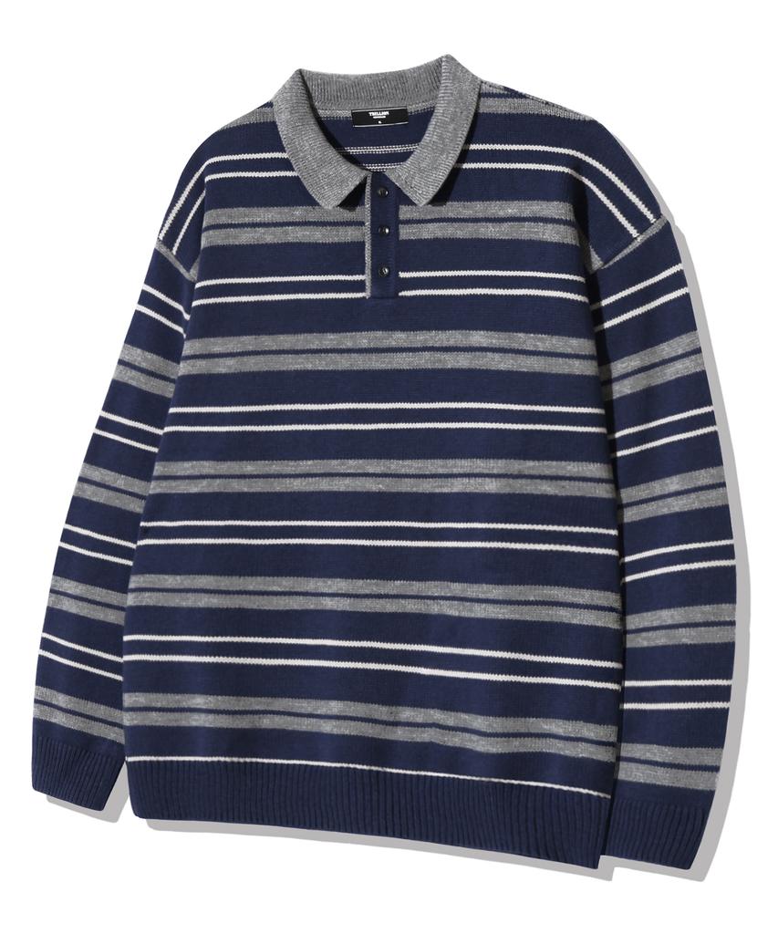 TRILLION Washable Striped Button Collar Neck Knit [Navy]