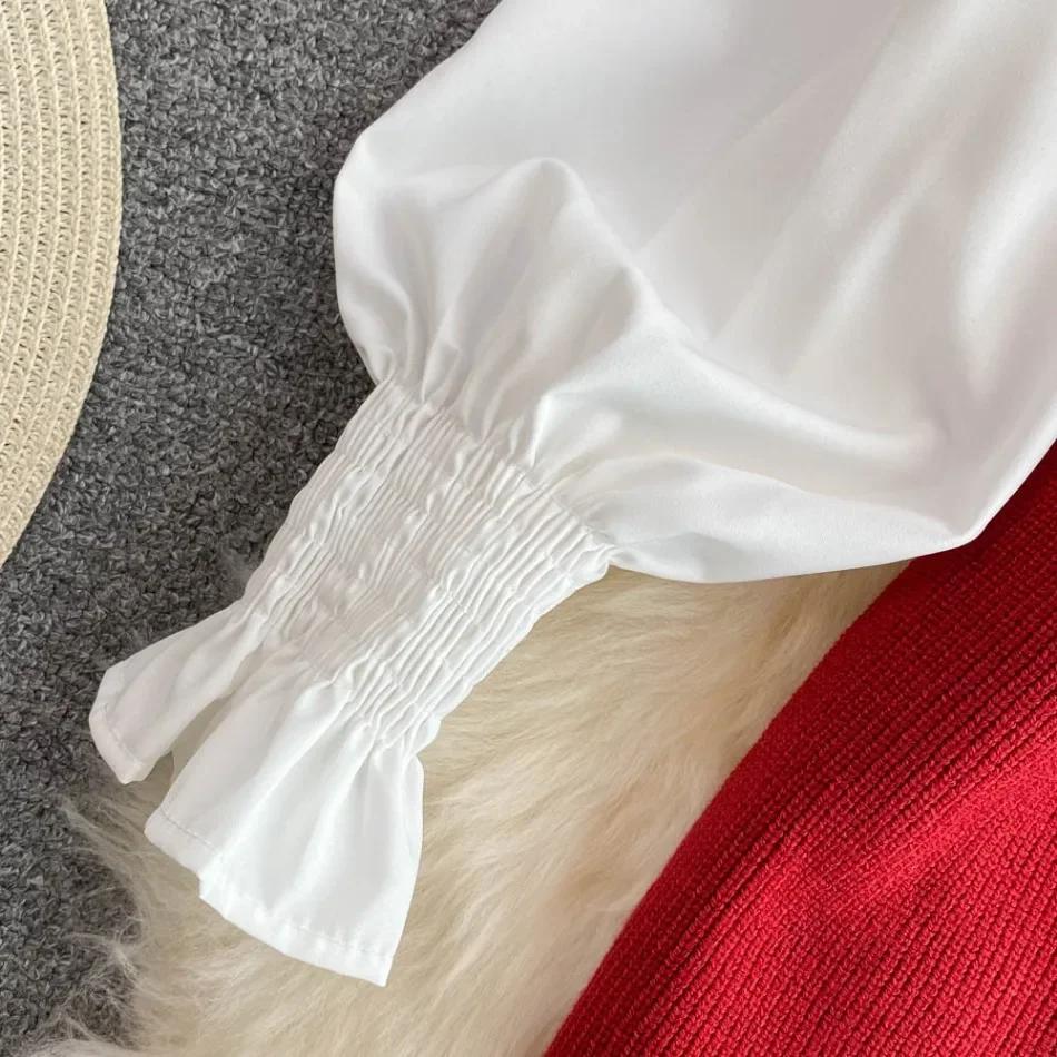 Новая Мода Корейский Офис Леди Лацкан Рукава-фонарики Белая Рубашка + Трикотажный Жилет с V-образным вырезом Повседневный Костюм-двойка Женская Одежда