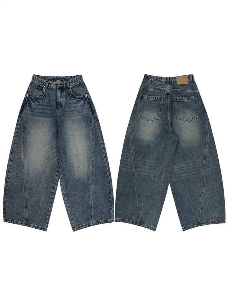 LKTM Унисекс Американские Ретро Синие Выцветшие Джинсы Тай-дай Свободного Покроя с Изогнутой Штаниной