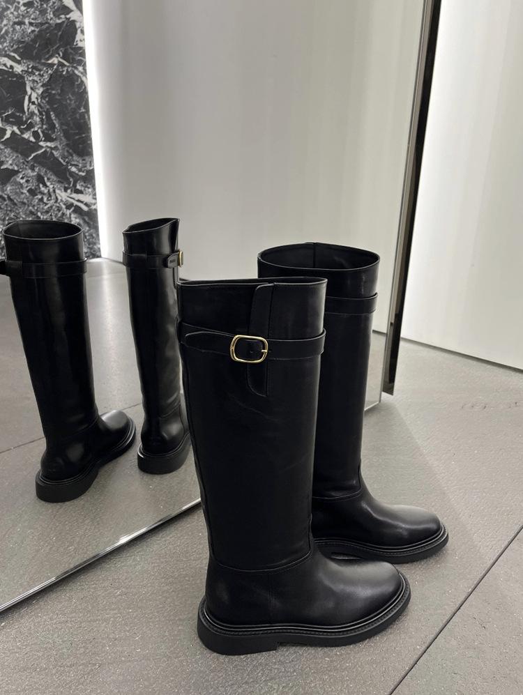 Версия из коровьей кожи~ 2025 новые ретро кожаные ботинки на толстом каблуке с металлической пряжкой женские маленькие, но с рукавом до колена женские ботинки