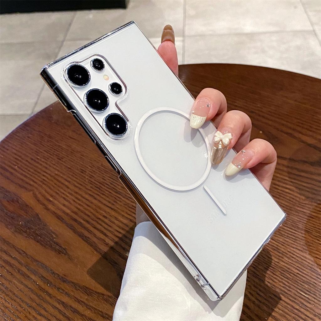 Простой чехол MagSafe для телефона S25 S24 для Samsung Galaxy S25 Ultra S24 Plus S24 FE Кристальная беспроводная зарядка Жесткая прозрачная поликарбонатная накладка