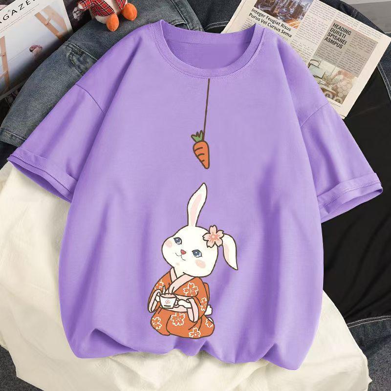 Футболка с изображением кролика из хлопка для женщин 2025 года, летние новые белые трендовые женские свободные топы с короткими рукавами