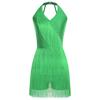 Women Dance Jumpsuit Halter Neck Sleeveless Spark Rhinestones Fringed Strappy Back Latin Dance Costume