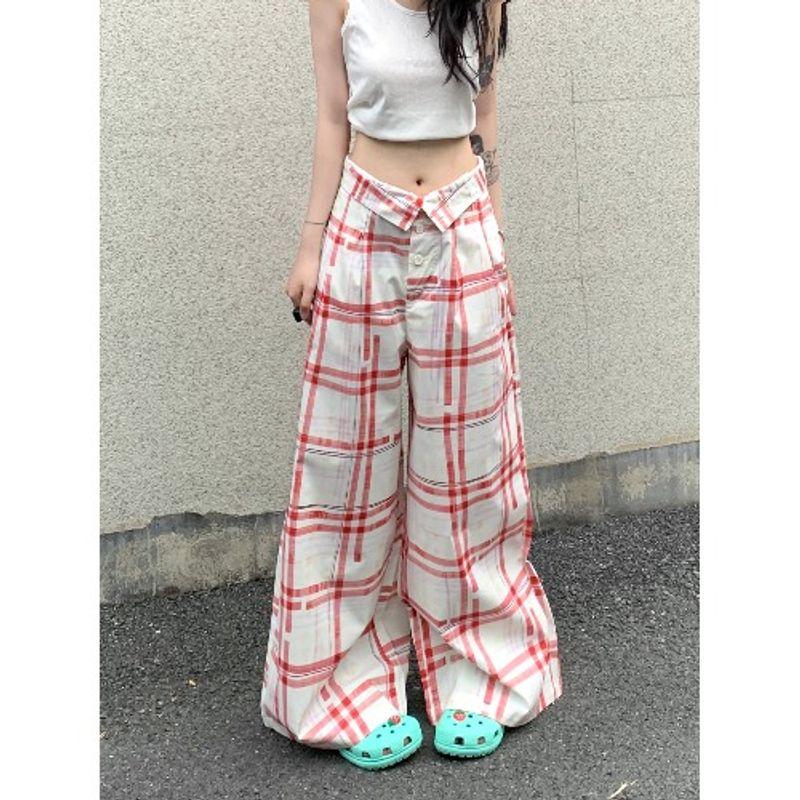 Kumikumi Retro Design Plaid Two-Button Casual Pants Women's Autumn Easiest for Match High Waist Loose Loose Pants