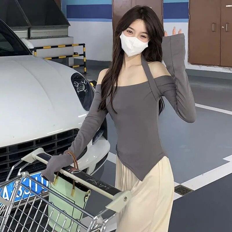 Off Shoulder Cropped Top Sexy Slim Women Thin Sweater Knitted Pullover Hottie Long Sleeve Tight Undershirt Hanging Neck Design