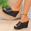 New large size slope heel cool slippers women's thick bottom muffin plaid high heel female sandals