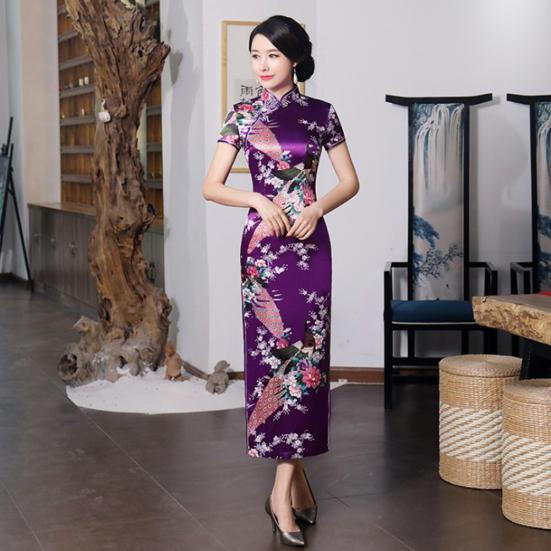 Женское длинное китайское длинное вечернее платье Cheongsam с коротким рукавом и принтом павлина