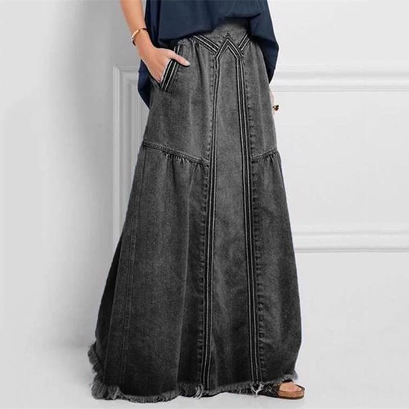 Женская модная весенне-осенняя юбка больших размеров, однотонная повседневная джинсовая юбка до щиколотки с высокой талией