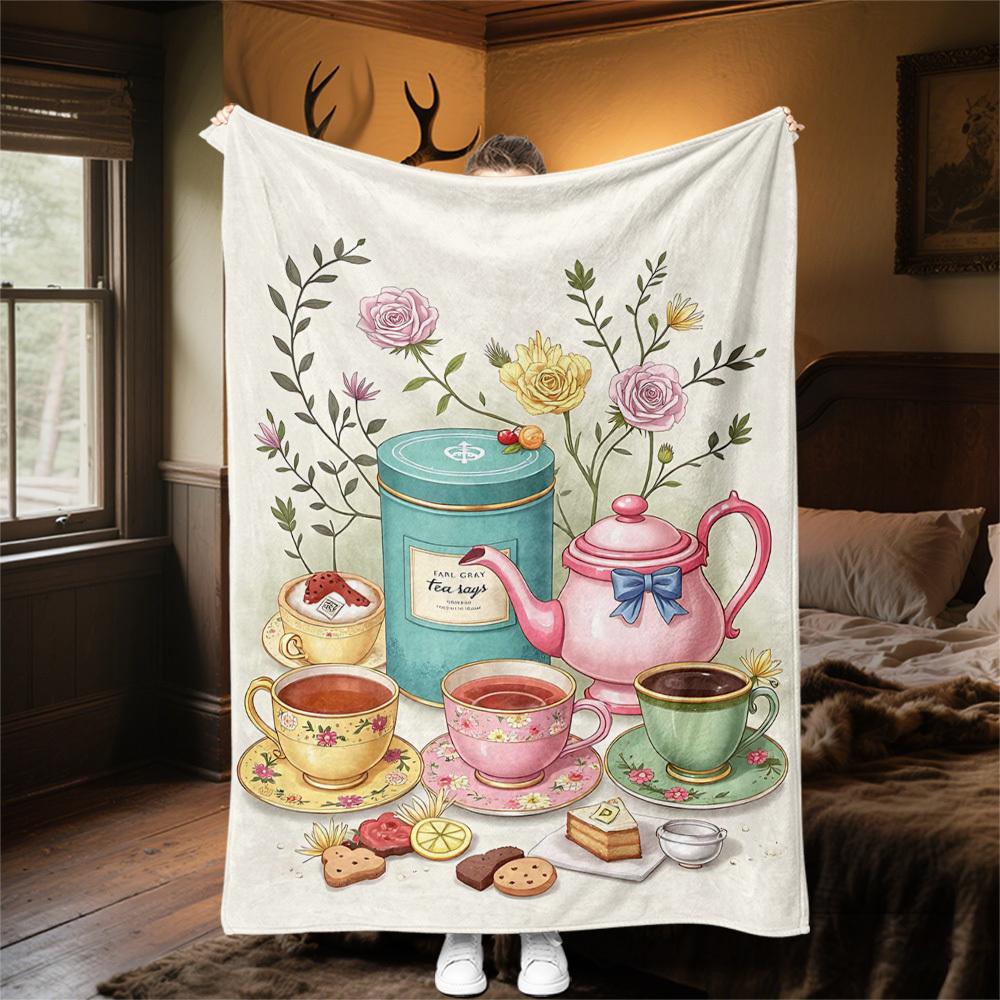 1pc Tea Time Tea Party Outdoor Flannel Blanket Soft Warm All-Season Throw for Sofa Bed Car Camping Office, Cozy Gift Idea1282S
