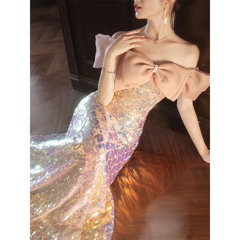 One-word shoulder evening dress banquet 1011 new light luxury niche pink long catwalk celebrity birthday annual meeting dress