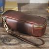 Vintage Crazy Horse Leather Pipe Bag with Wrist Strap - Multifunctional Zipper Storage for Smoking Set