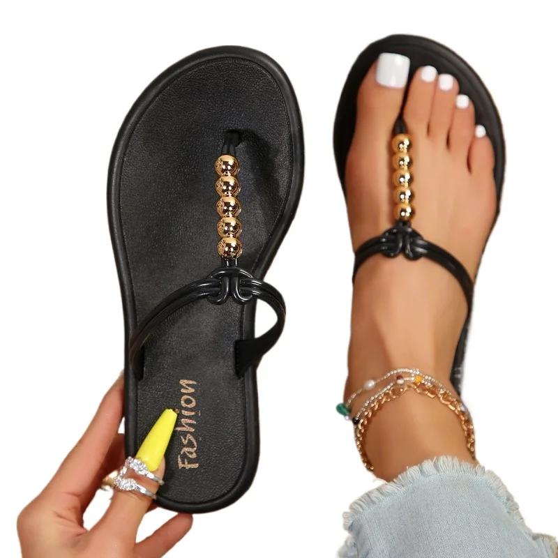 2024 High Quality Women's Shoes New Daily Open Toe Women's Slippers Fashion Beaded Decoration Solid Color Flat Women's Shoes