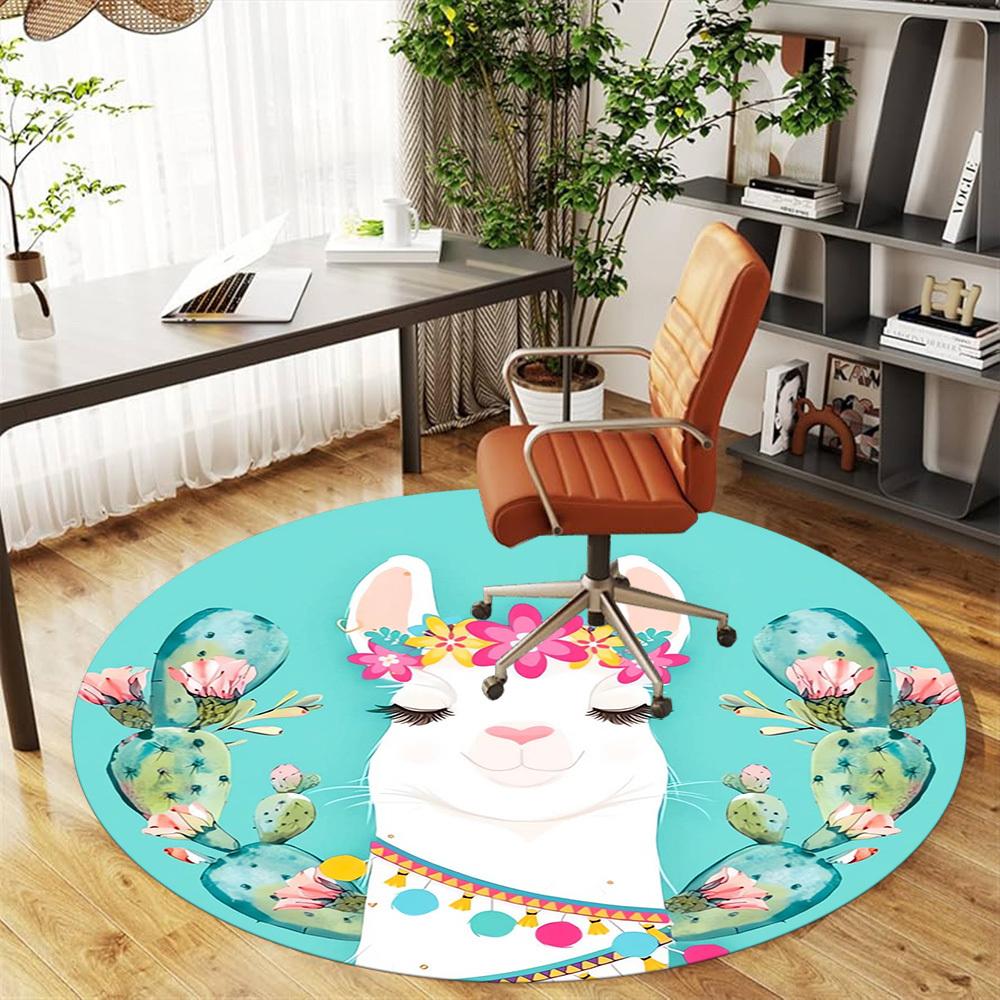1pc Llama, Cactus Round Chair mat Area Rug - Non-Slip, Floor Mat for Office, Bedroom, home decor Christmas Gift p0811053