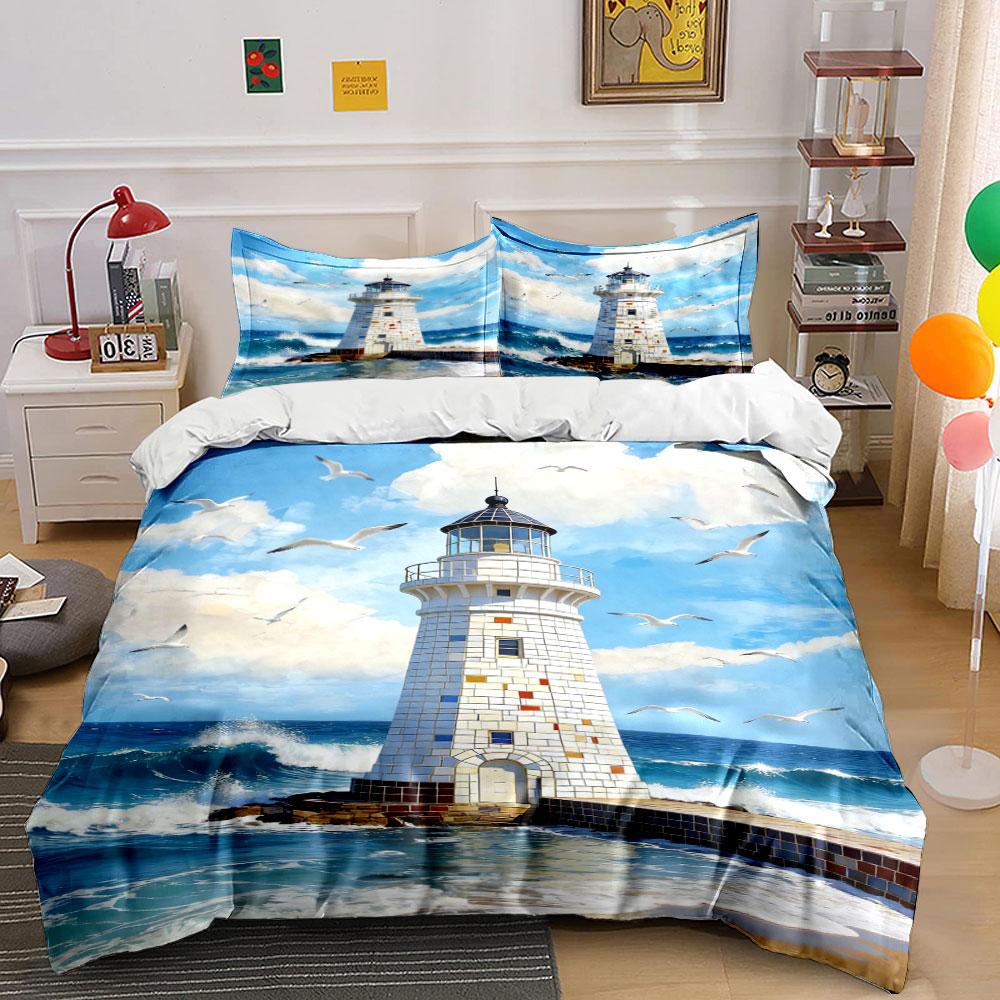 Lighthouse, seagulls, ocean waves. Bedding sets Duvet cover sets Duvet covers Pillowcases(1 * Duvet Cover 2 * Pillowcases without duvet insert)