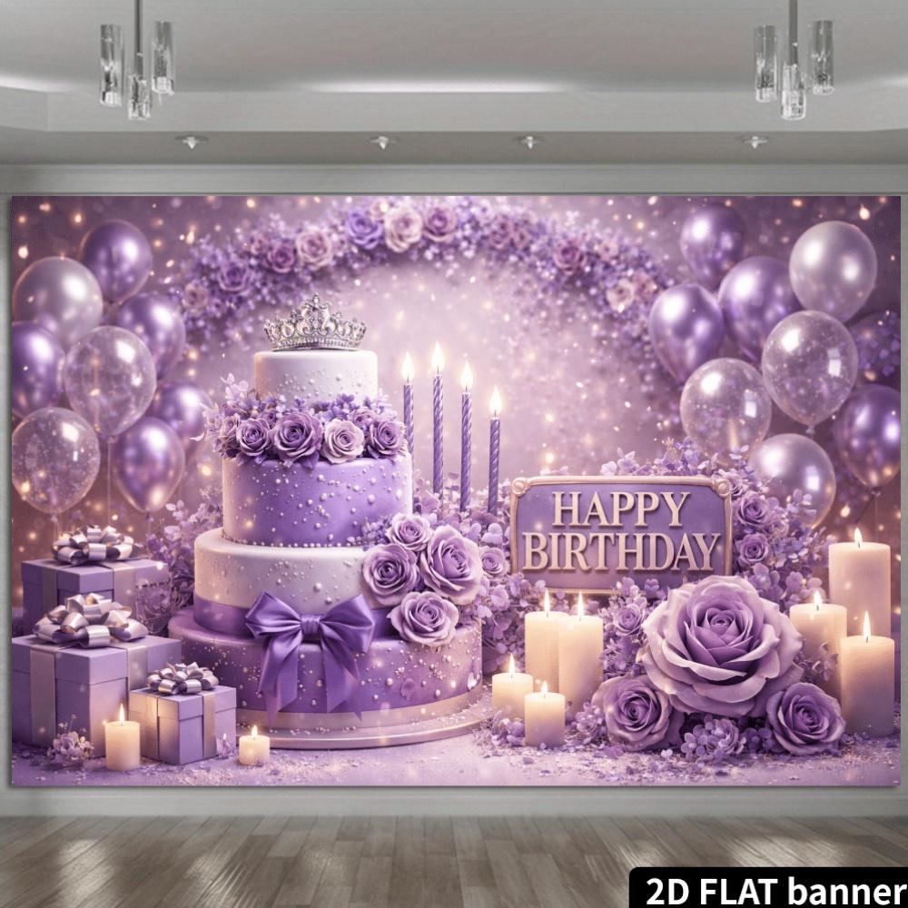 2D plane three-layer purple cake crown birthday background fabric. Purple and white gradient three-layer cake with silver crown.