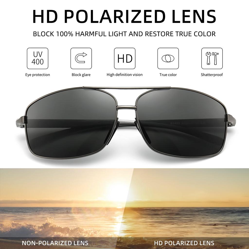 SUNGAIT Square Polarized Sunglasses with Metal UV400 and Case Men's Ultra-Lightweight Frame, Protection,