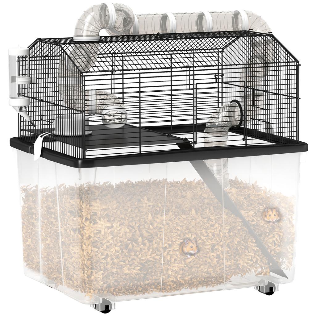 Two-Tier Hamster Cage with Wheels, Tubes, Bowl, Bottle and Ramp, 58x43x57 cm, Black