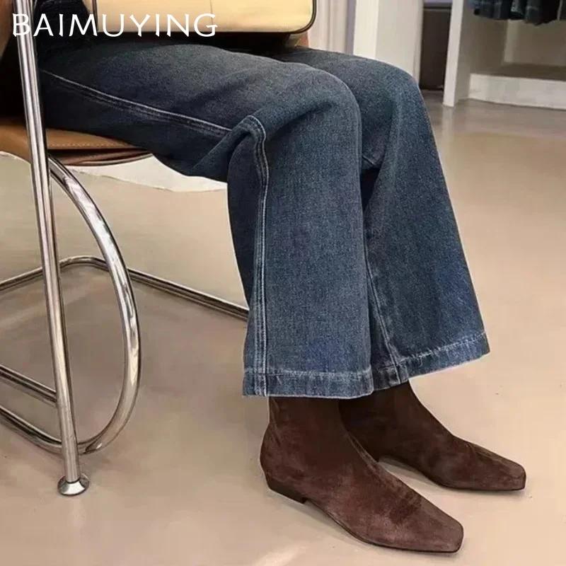 Замшевые ботильоны для женщин на плоской подошве, элегантная женская обувь 2024 года, тренд, зима, готика, гладиатор, повседневная, зимняя, мотоциклетная, Botas De Mujer