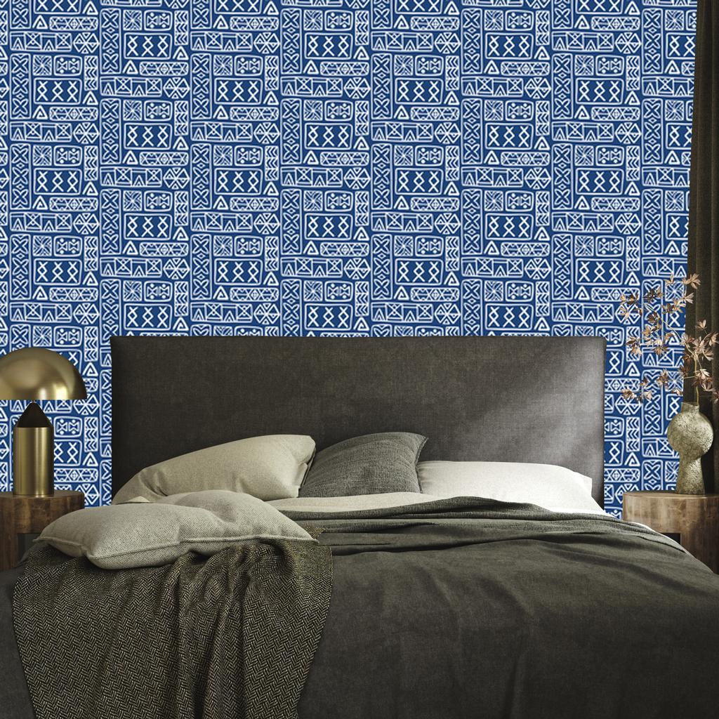Polynesian Geometric Pattern Wallpaper Blue 50x1000
