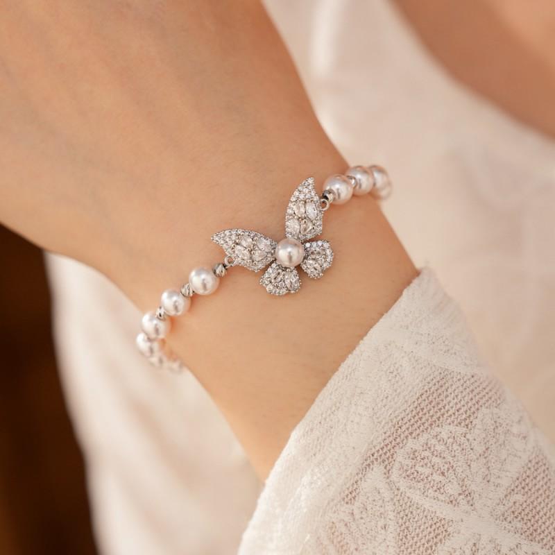 Elegant Butterfly Bracelet With Zirconia Accents Imitation Pearl Beads Pink Tone Womens Fashion Jewelry Office