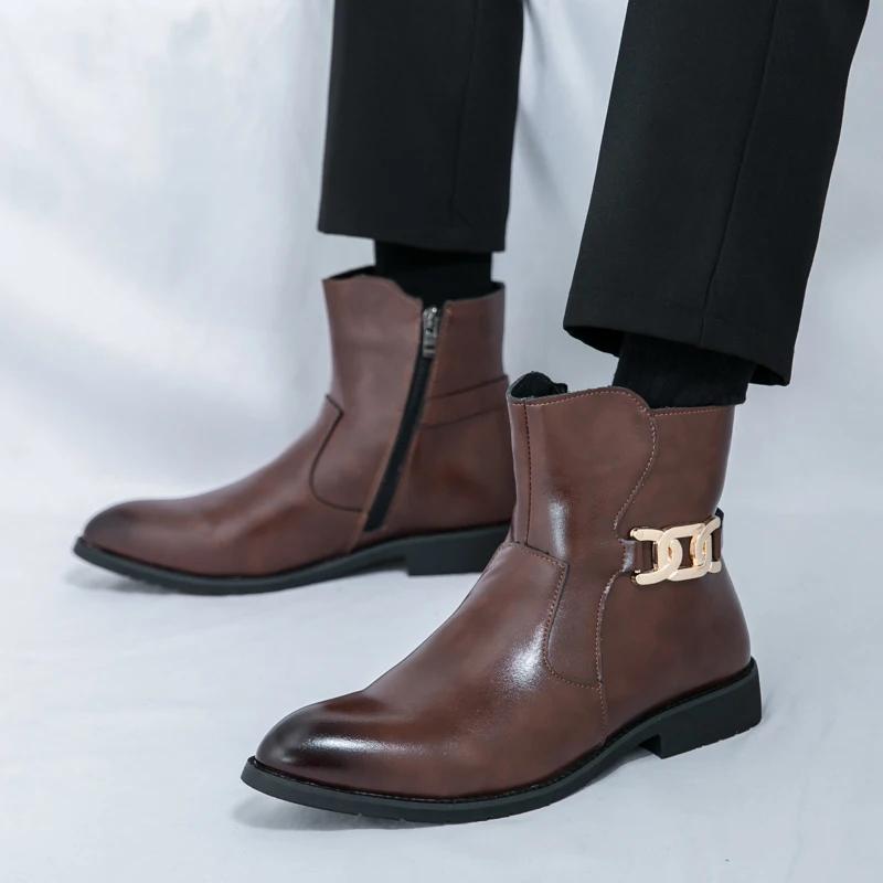 Classic Fashion Brown Boots for Men Pointed Toe Leather Ankle Boots Big Size 46 High-top Dress Shoes with Casual Business Shoes