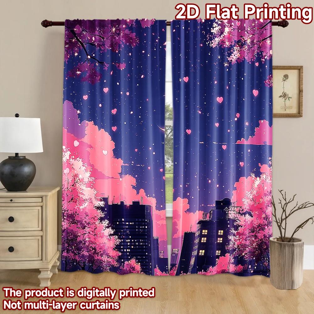 2D flat printing 2pcs Curtains Anime City Pink Hearts Moon Digital Printed Polyester Drapes Family Party Use for New Year and