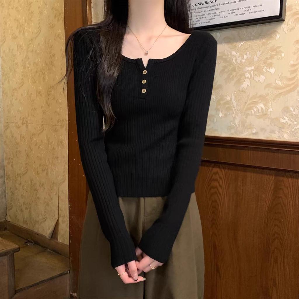 Женский трикотажный топ с длинным рукавом и низким вырезом в корейском стиле, осенне-зимний, стильный, облегающий, базовый слой, элегантная верхняя одежда