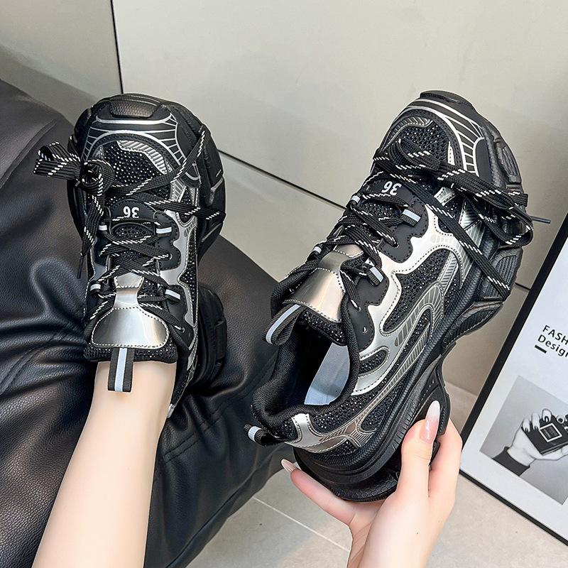 Rhinestone Paris Daddy Shoes Women's Early Autumn New Thick-soled Versatile Lace-up Mesh Breathable Sports Casual Shoes Tide