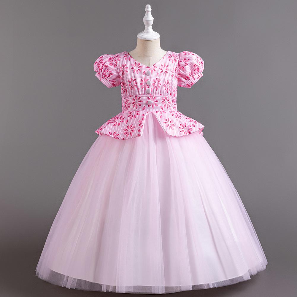 Children's Princess Dresses Thousand Birdie Patchwork Mesh Puffy Long Bubble Sleeve Girls' Stage Performance Dresses Girl's Favourite Dress