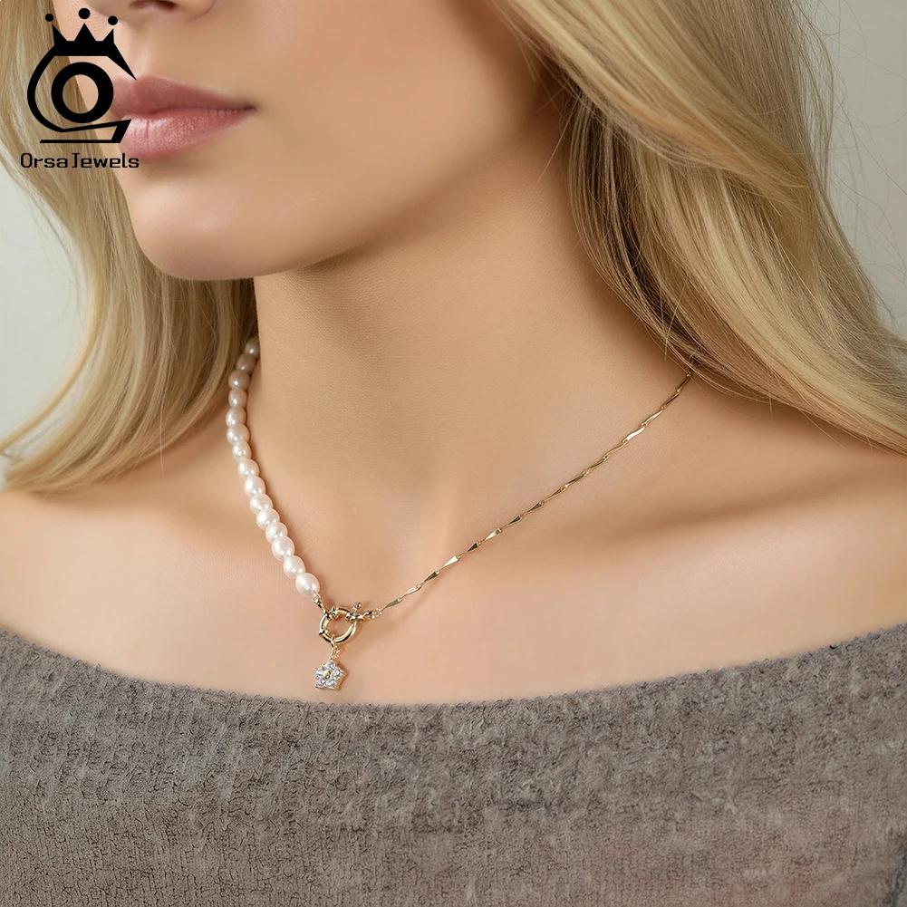 ORSA JEWELS Уникальное колье-чокер из стерлингового серебра 925 пробы с натуральным жемчугом и цирконами, винтажное звеньевое колье для женщин, цепочка, ювелирное изделие GPN92