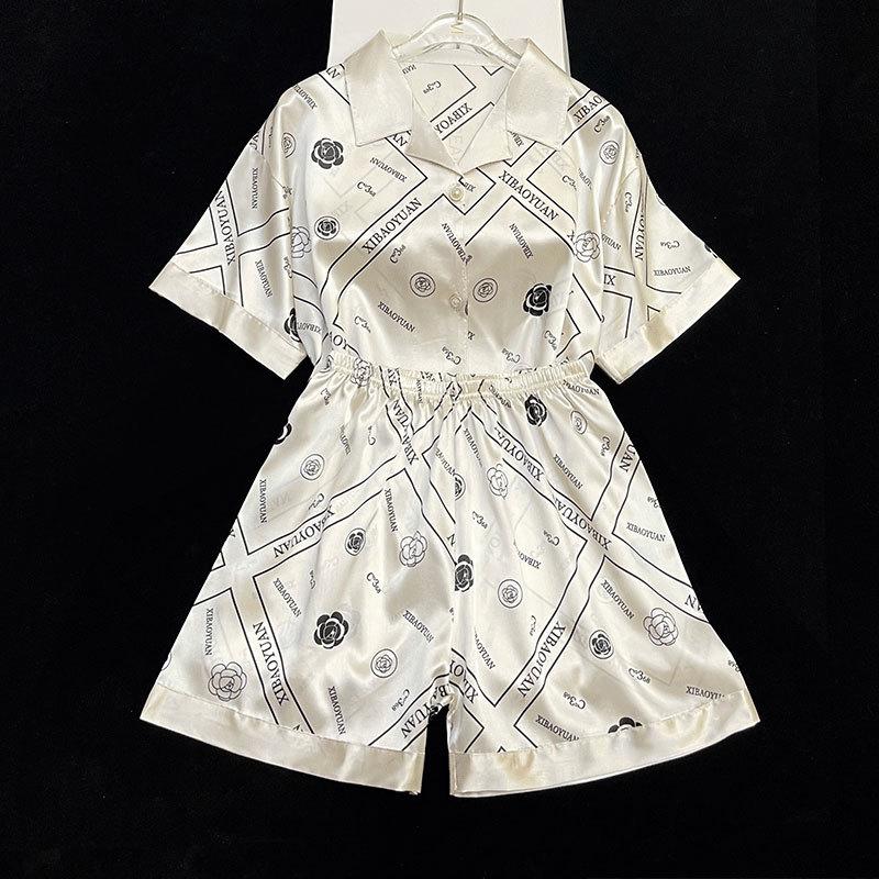 Solid Color Ice Silk Pajamas Women'S Summer Thin Foreign Style High-Value Short-Sleeved Loungewear Two-Piece Set Can Be Worn Outside