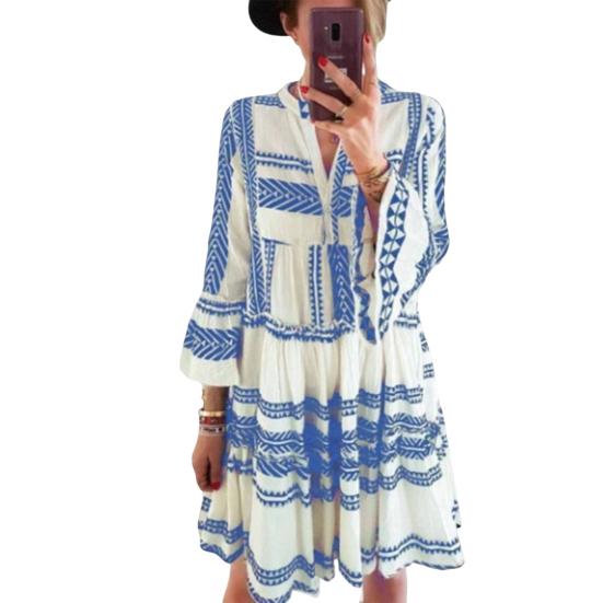 Women's Summer Pleated Short Dress Ruffled 3/4 Sleeve V Neck Button Up Mini Dress Boho Loose Flowy Beach Sundress