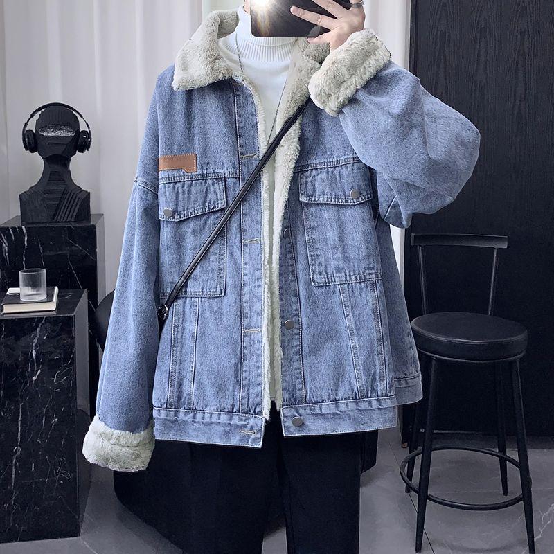 Men's Winter Lambswool Denim Jacket - Trendy American Style, Thickened with Velvet for Warmth, Hong Kong Inspired Fashion.