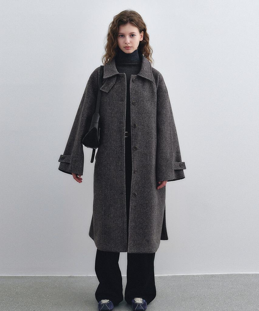 LOEIL Herringbone Wool Long Coat - Brown
