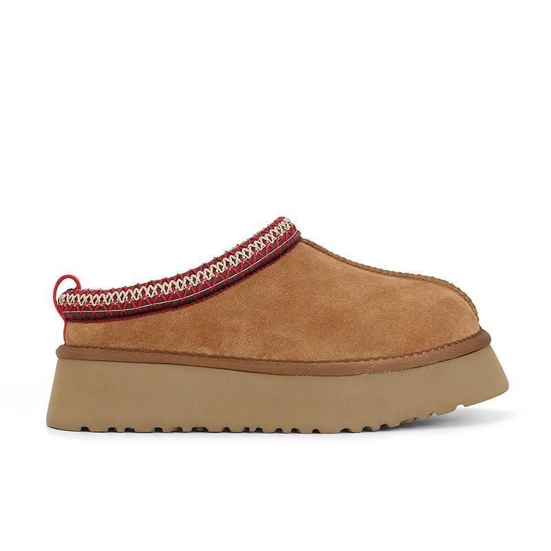 Этнический стиль толстоподошвочные пушистые тапочки женские 2025 новые мех интегрированный ленивый мешок голова полу-носок Tats угги