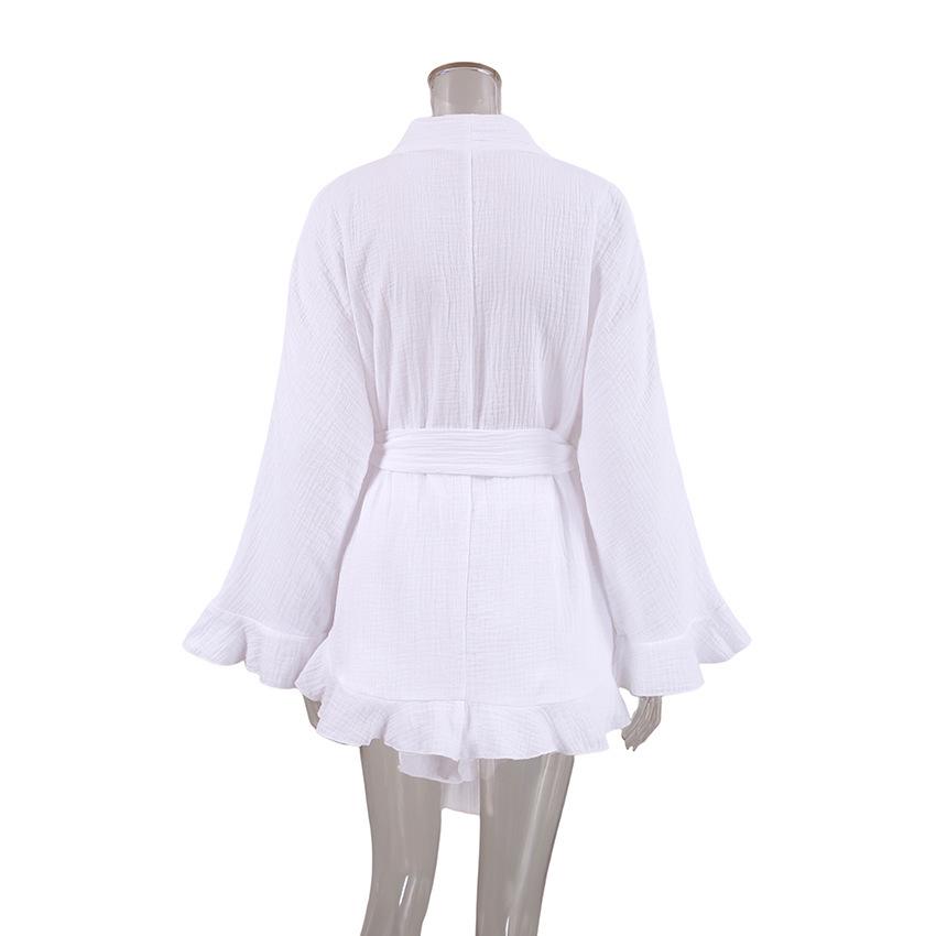 Осенний женский пижамный комплект с оборками, длинными рукавами, халатом из жатого хлопка и шортами