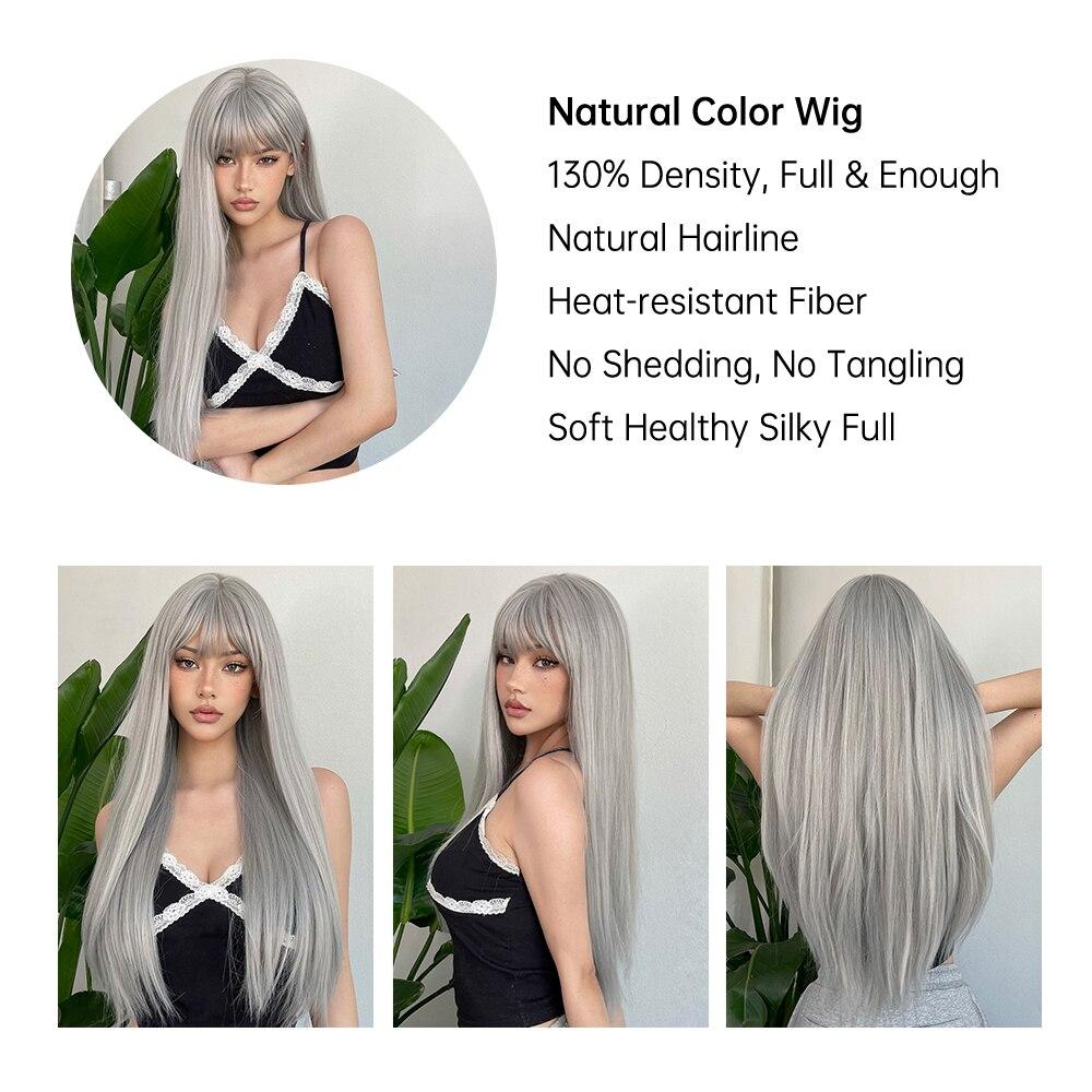 HAIRCUBE Серебристо-серый синтетический прямой парик для женщин Длинный прямой серый парик для косплея с челкой Ежедневные термостойкие поддельные парики
