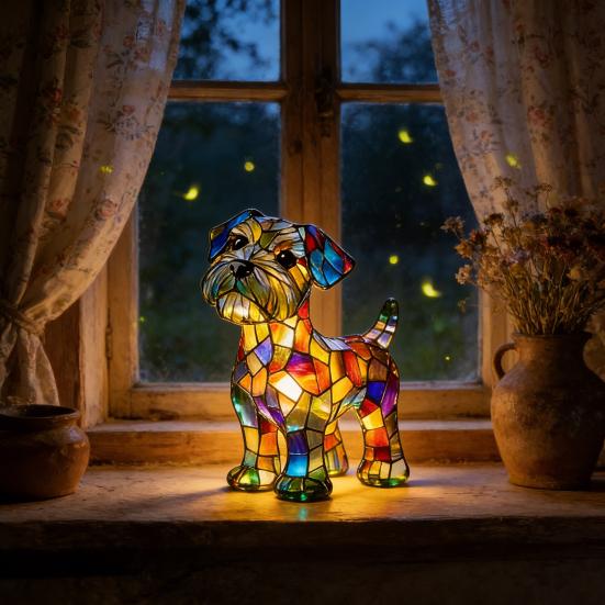 Rainbow Pup Night Light Handmade Vintage Dyed Resin 3D Puppy Lamp USB Powered Soft Warm LED Non-Glaring Decorative Gift for Dog Lovers Bedroom Desk