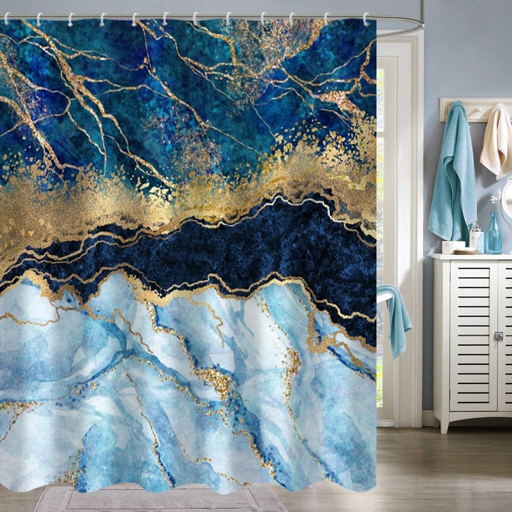 Темно-синяя и золотая мраморная шторка для душа Современная роскошная абстрактная шторка для душа для ванной комнаты с крючками Полиэстер Водонепроницаемая