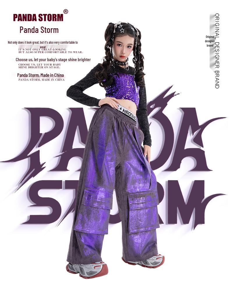 Модный комплект для девочек: бюстгальтер-бандо и длинные брюки с пайетками для джазовых танцев - костюм для уличных танцев.